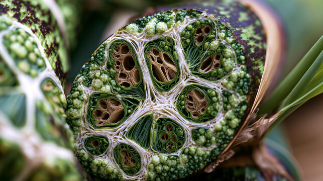 Bamboo culm interior cross-section reveals vascular bundles distributed through parenchyma tissue, each bundle containing xylem vessels and phloem sieve tubes embedded in sclerenchyma fiber sheaths,