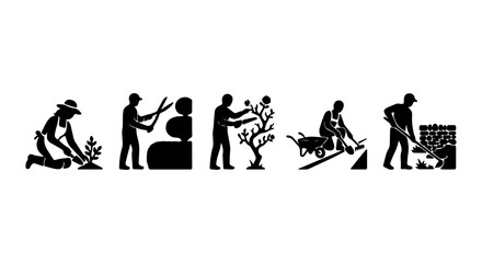 Obraz premium Gardening Icons Set: Planting, Pruning, Tree Care, Wheelbarrow, Digging Vector Graphics