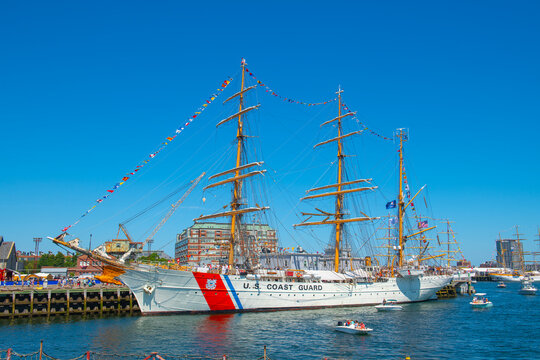 US Coast Guard USCGC Eagle, a Barque sailing ship, docked in Boston Charlestown Navy Yard durning Sail Boston 2026, Boston, Massachusetts, MA, USA.