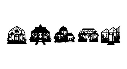 Greenhouse Silhouettes, Garden Structures, Botanical Domes, Agricultural Buildings, Vector Icons © shanto