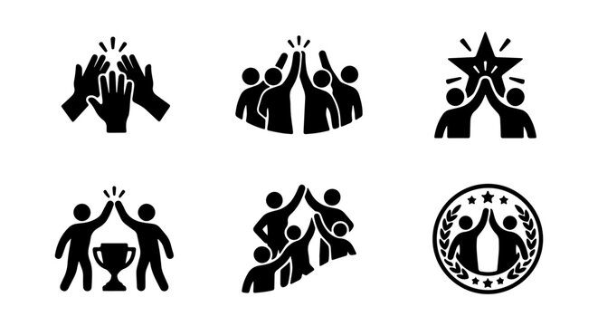 Teamwork High Five Icons, Success Celebration Vector Graphics, Unity and Achievement Symbols