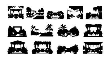 Fototapeta premium Garden Silhouettes: Pergola, Gazebo, Tropical Landscape, Outdoor Seating, 12 Vector Elements