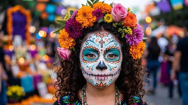 Happy halloween vibrant la catrina makeup and floral crown portrait
