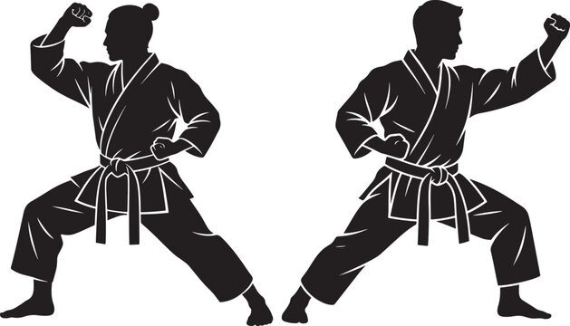 Two martial arts fighters practicing karate kata in uniform silhouette black vector with self defense silhouette training exercise