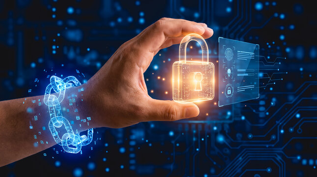 Hand holding glowing golden padlock with digital security shield and blue particle data stream on dark background, representing blockchain security, data encryption and cyber protection
