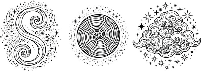 Celestial hand drawn doodle set with spiral letter s planet and cosmic cloud celestial mystical astronomy universe ornament esoteric astrology elements collection isolated © Kanon Islam