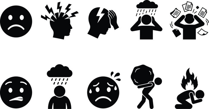 Mental Health and Work Stress Silhouette Icon Set with Depressed Overworked People Dealing with Burnout Headache and Chronic Emotional Anxiety