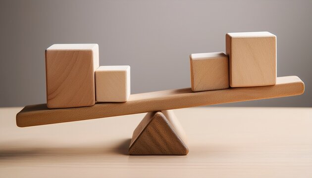 balancing act wooden blocks on a seesaw concept of equilibrium