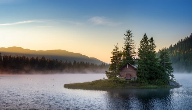serene cabin on a small island in a misty mountain lake at sunrise