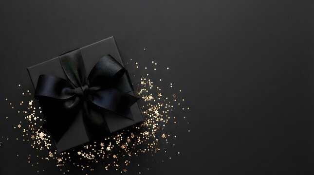 Elegant black gift box with gold glitter on dark background