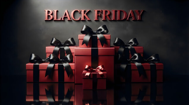 Black friday sale stack of luxurious red gift boxes with ribbons