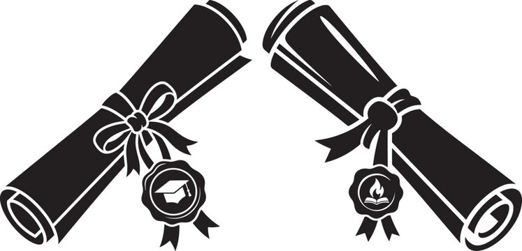 Vector illustration of two graduation diploma scrolls with ribbon and wax seal black silhouette design graduation education