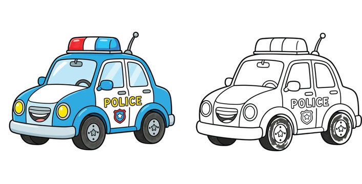 Cartoon police car illustration for kids coloring book page, isolated on white background with a colored reference.