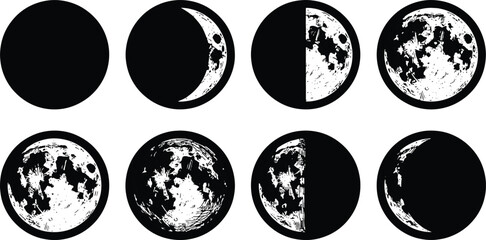 Full set of moon phase cycle illustrations with astronomy crescent silhouette illustration celestial astrology astronomical universe movement phenomenon astrological © Kanon Islam