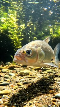 Close-up Underwater Shot of Flathead Chub Fish in Riverbed - A clear close-up of a Flathead Chub fish swimming near the riverbed.