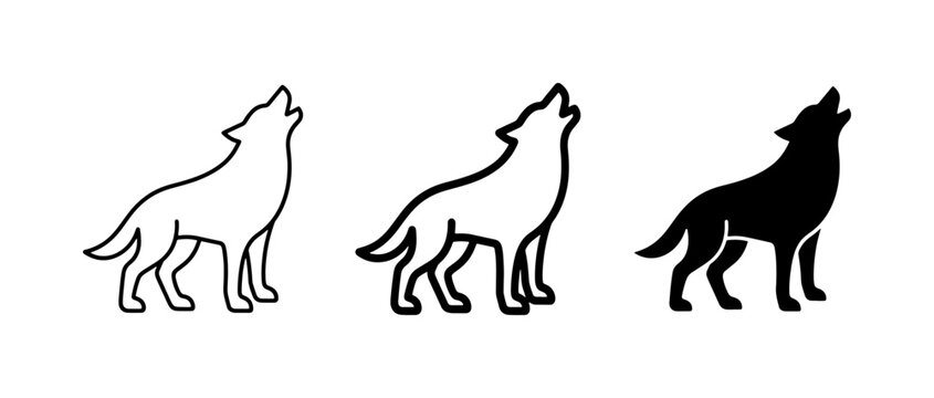 Howling Wolf Icons, Silhouette and Outline Vector Graphics, Wild Animal Symbols for Nature and Wildlife Designs
