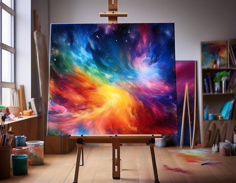 vibrant abstract rainbow nebula painting on easel in artist studio
