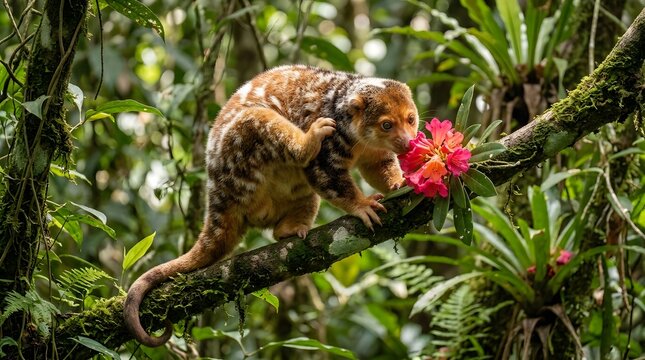 Spotted cuscus marsupial on a tree branch smelling a bright flower