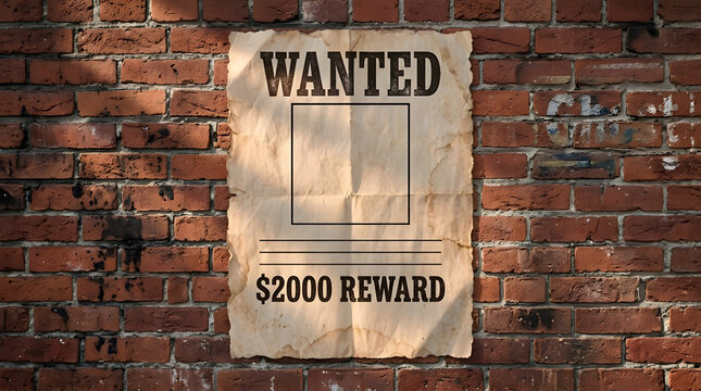 Vintage Wanted Poster with $2000 Reward on Red Brick Wall