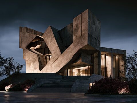 Photorealistic brutalist expressionist museum with distorted geometric shapes and moody lighting, 8k hyperdetailed architectural photography