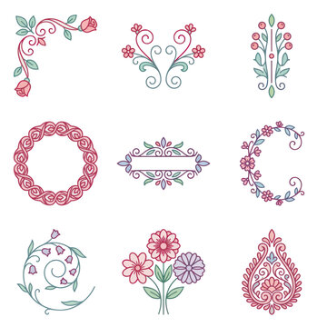 Collection of floral decorative design elements.