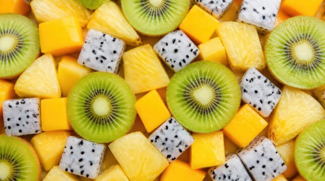 Fresh fruit arrangement with kiwi, mango, pineapple, and dragon fruit