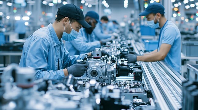 Assembly line workers fitting motorized throttle bodies with position sensors for gasoline engines highlighting precision and automated manufacturing processes.