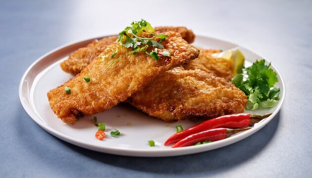 deep fried fish fillets served on a white plate offering a delicious and crunchy texture topped with aromatic herbs and hot chili for a savory umami and spicy taste concept