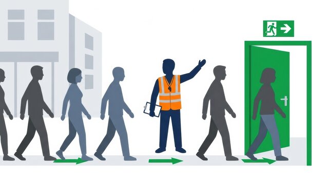 A warden directs a group of people to an exit during an emergency situation, focusing on fire safety and proper evacuation procedures