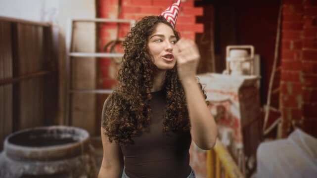 Woman with party hat waves hand and blows kiss while smiling in a building with brick wall, ladder and mixer; birthday celebration joy.