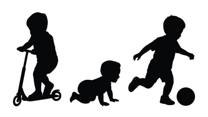 Obraz premium Silhouette vector of children in different growth stages playing, featuring a toddler riding a scooter, a crawling baby, and a boy playing soccer.
