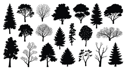 Fototapeta premium Set of various trees silhouette vector illustrations including pine oak fir and bare branches isolated on plain white background