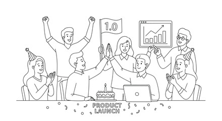 Obraz premium Vector art of team celebrating product launch success with cake and cheers