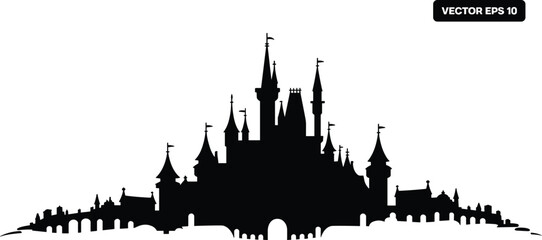 Fototapeta premium Black Silhouette of a Fairytale Castle with Towers and Flags white