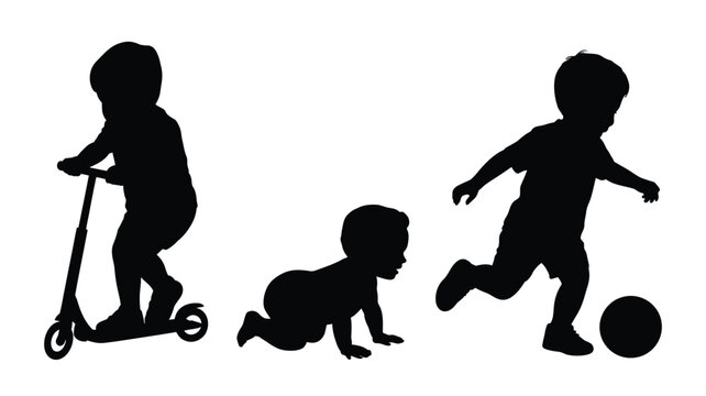 Silhouette vector of children in different growth stages playing, featuring a toddler riding a scooter, a crawling baby, and a boy playing soccer.