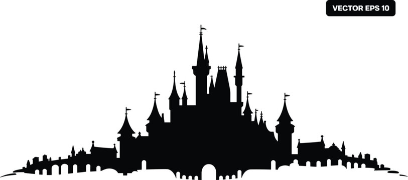 Black Silhouette of a Fairytale Castle with Towers and Flags white