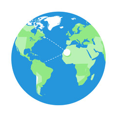 Fototapeta premium Stylized 3D Earth Globe Illustration showing World Map with Low Poly Geometric Continents and a Glowing Point Marker on Africa Connecting to North and South America against White Background