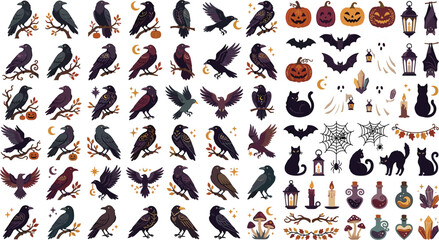 Naklejka premium Set of halloween elements with ravens, pumpkins, cats, ghosts, bats, lanterns, candles, crystals and spider webs