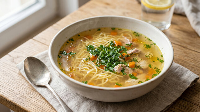Ros&oacute;ł chicken soup, with noodles and herbs
