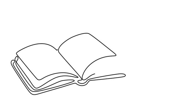 Animated self drawing of continuous line draw of Stack of books with opened book on top in one continuous line. Symbol of library, education, literature, reading. Full length one line animation. 4K	

