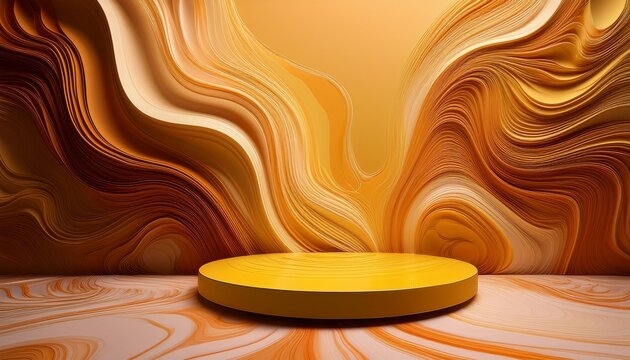yellow pedestal rises from swirling fluid patterns background features marbled textures warm tones dominate composition minimalist stage design