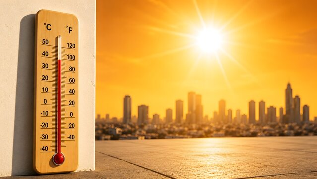 Extreme urban heat wave concept with high temperature thermometer on city skyline background during intense global warming sunset