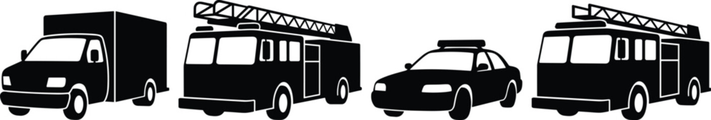 Black silhouette vector illustrations of emergency and service vehicles including fire truck, police car, and cargo truck © SHANJIDA