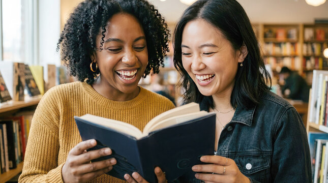 Two smiling young women of different nationalities read a book in a cozy bookstore or library. The happy friends enjoy literature, education, and friendship in the warm atmosphere of the space.