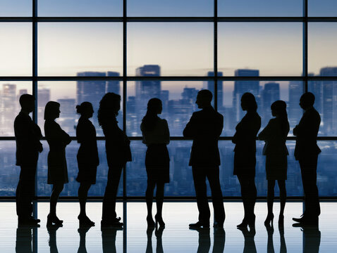 Business leaders silhouetted against a massive city skyline window discussing strategy, photorealistic, 8k, hyperdetailed