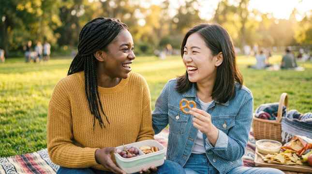 Two smiling young women enjoying a picnic together in a sunny park. Happy multicultural friends sharing food, laughter, and friendship during a relaxing outdoor afternoon.