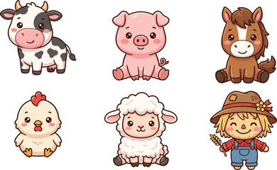 Fototapeta premium Cartoon vector illustrations of cute farm animals including cow, pig, horse, chicken, sheep, and scarecrow