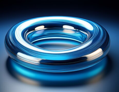 metallic torus liquid appearance bright blue highlights smooth surface reflects light creating abstract form minimalist studio shot