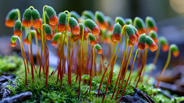 Spore capsules of Polytrichum moss line upright setae stalks, each cylindrical sporangium capped with a hairy calyptra hood, the peristome teeth awaiting hygroscopic movement to release spores acros