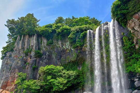 Visit Jeongbang Waterfall in Seogwipo, where fresh water flows directly into the sea